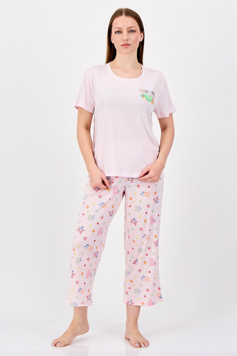 Peanuts Women 2 Pieces Allover Print Top And Pajama Set, Pink - Image 1